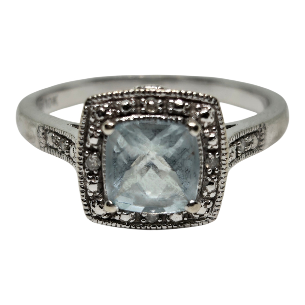 Aquamarine Cushion Halo Ring With Diamond Accent 10K Solid White Gold Ring 6.75